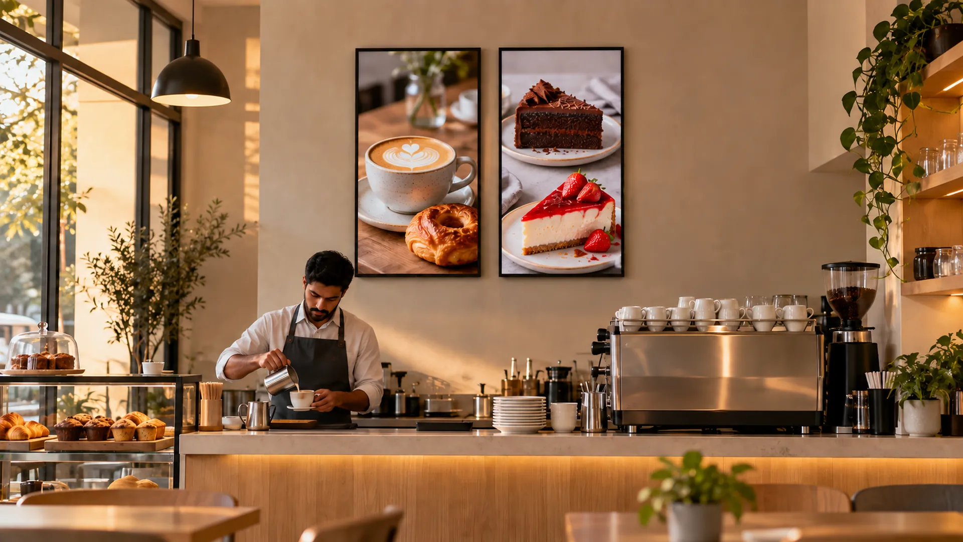 Vertical commercial menu board displays above a café counter