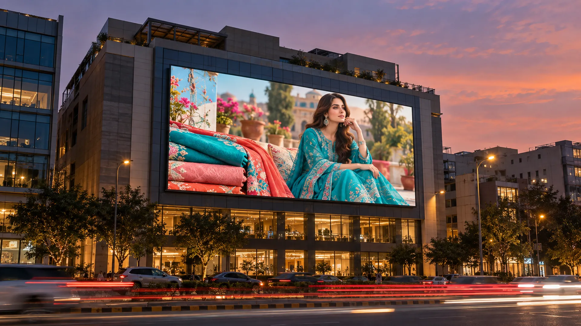 Outdoor SMD LED screen on a commercial building in Lahore