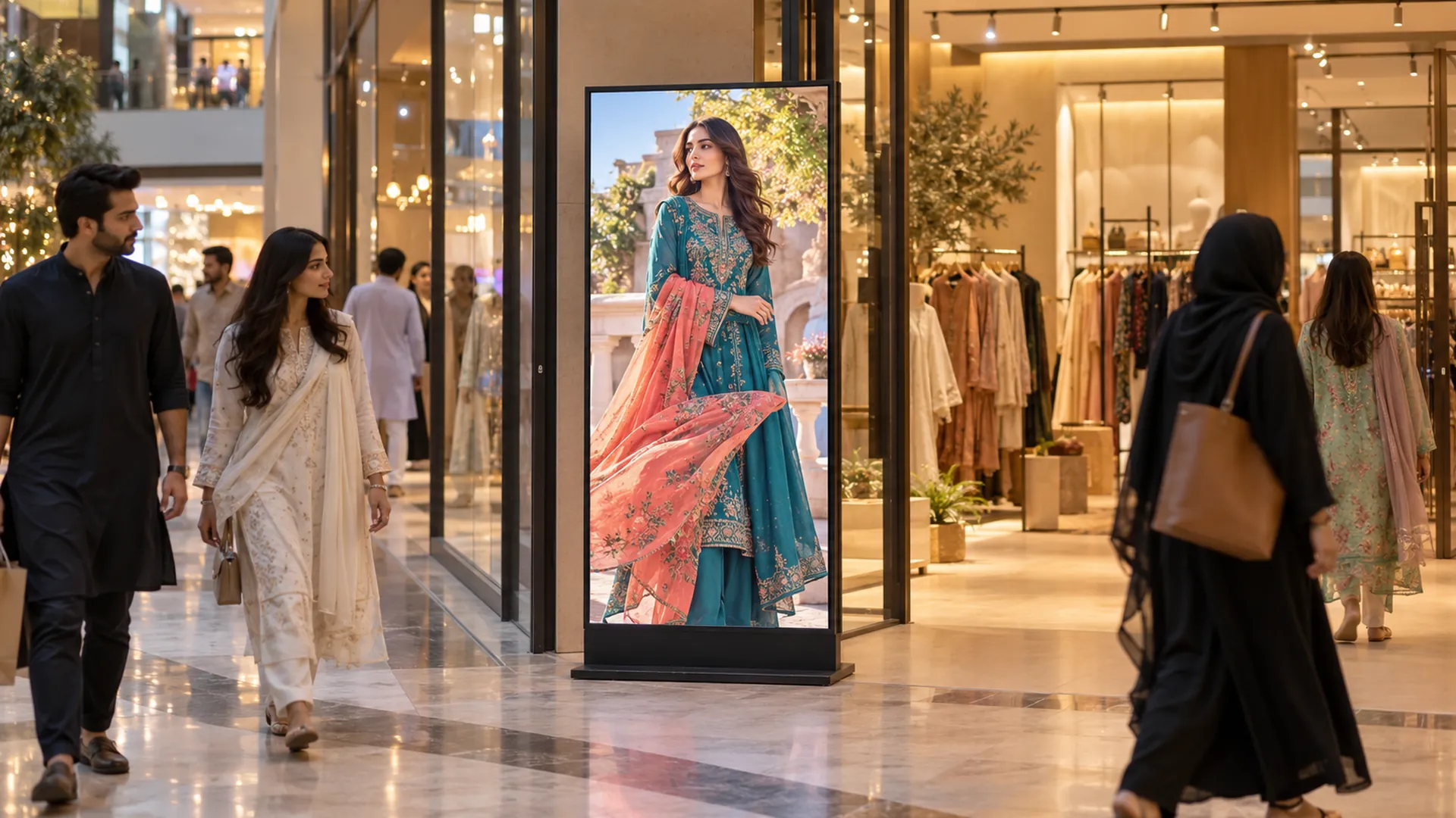 Digital standee displaying a fashion promotion at a store entrance in a shopping mall