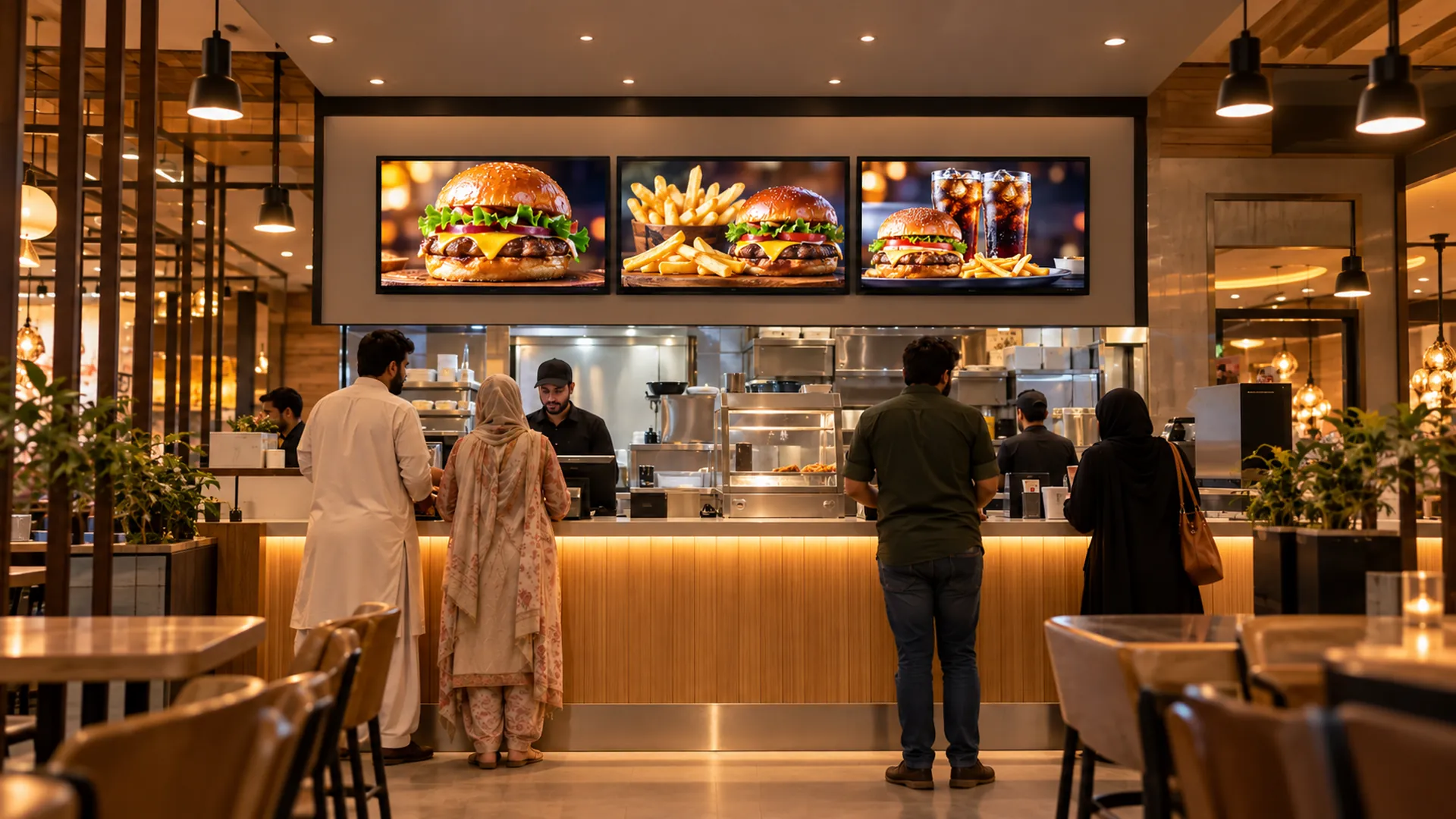 Digital menu boards above the order counter of a fast-food restaurant