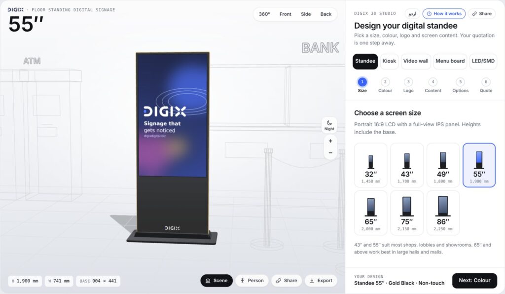 DIGIX 3D Studio configurator showing a digital standee in a bank