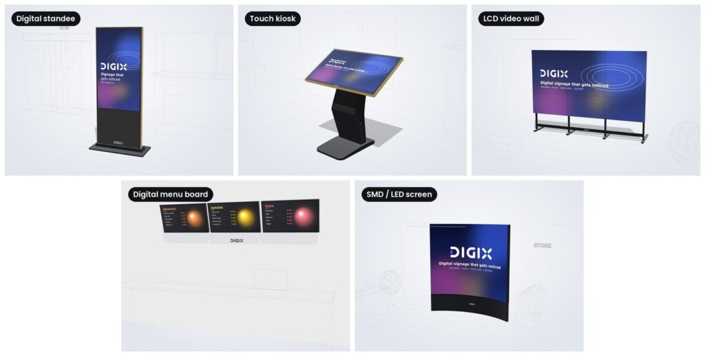 Standee, kiosk, LCD video wall, menu board and SMD screen in 3D