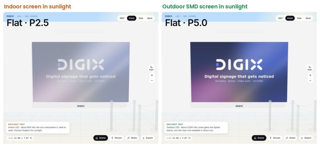 Indoor vs outdoor SMD screen in sunlight, daylight test