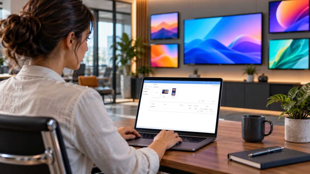 Managing digital signage screens from a cloud dashboard on a laptop