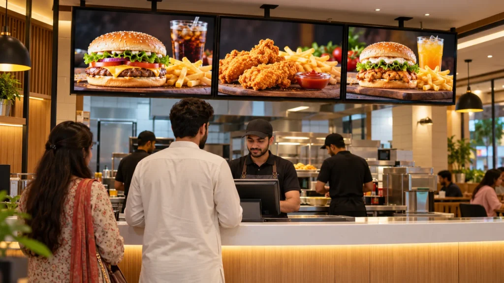 Commercial digital menu boards above a restaurant counter