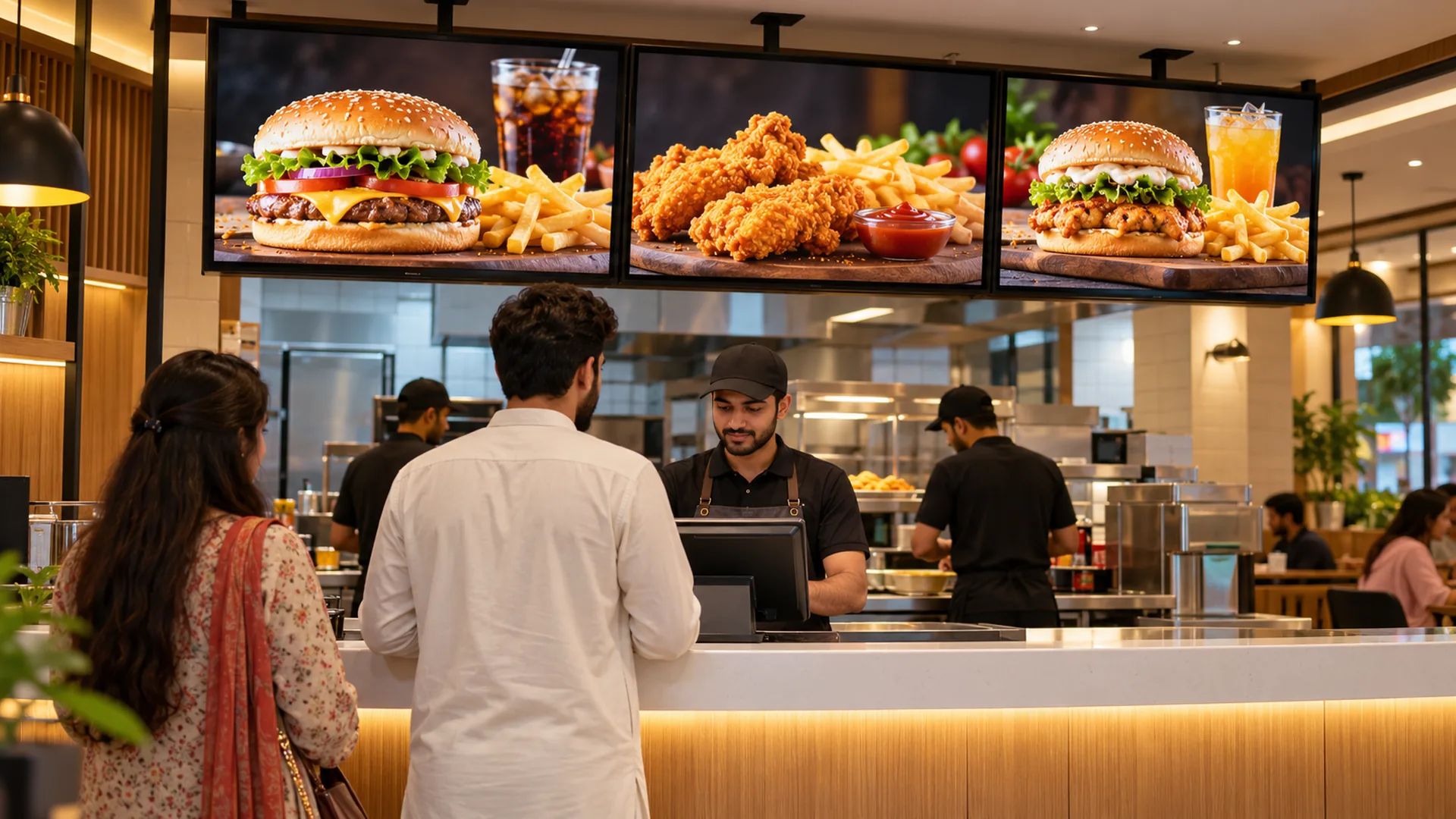 Commercial digital menu boards above a restaurant counter
