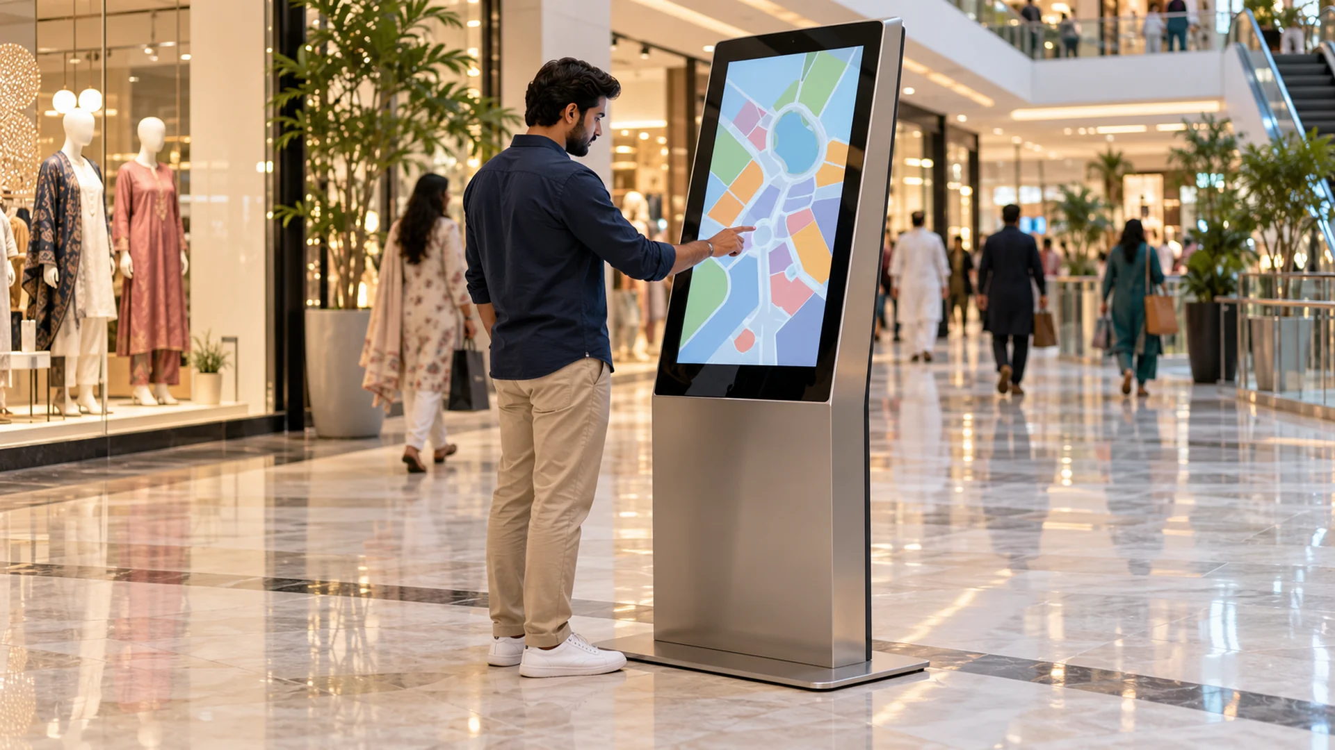 Interactive touch screen digital kiosk in a modern shopping mall