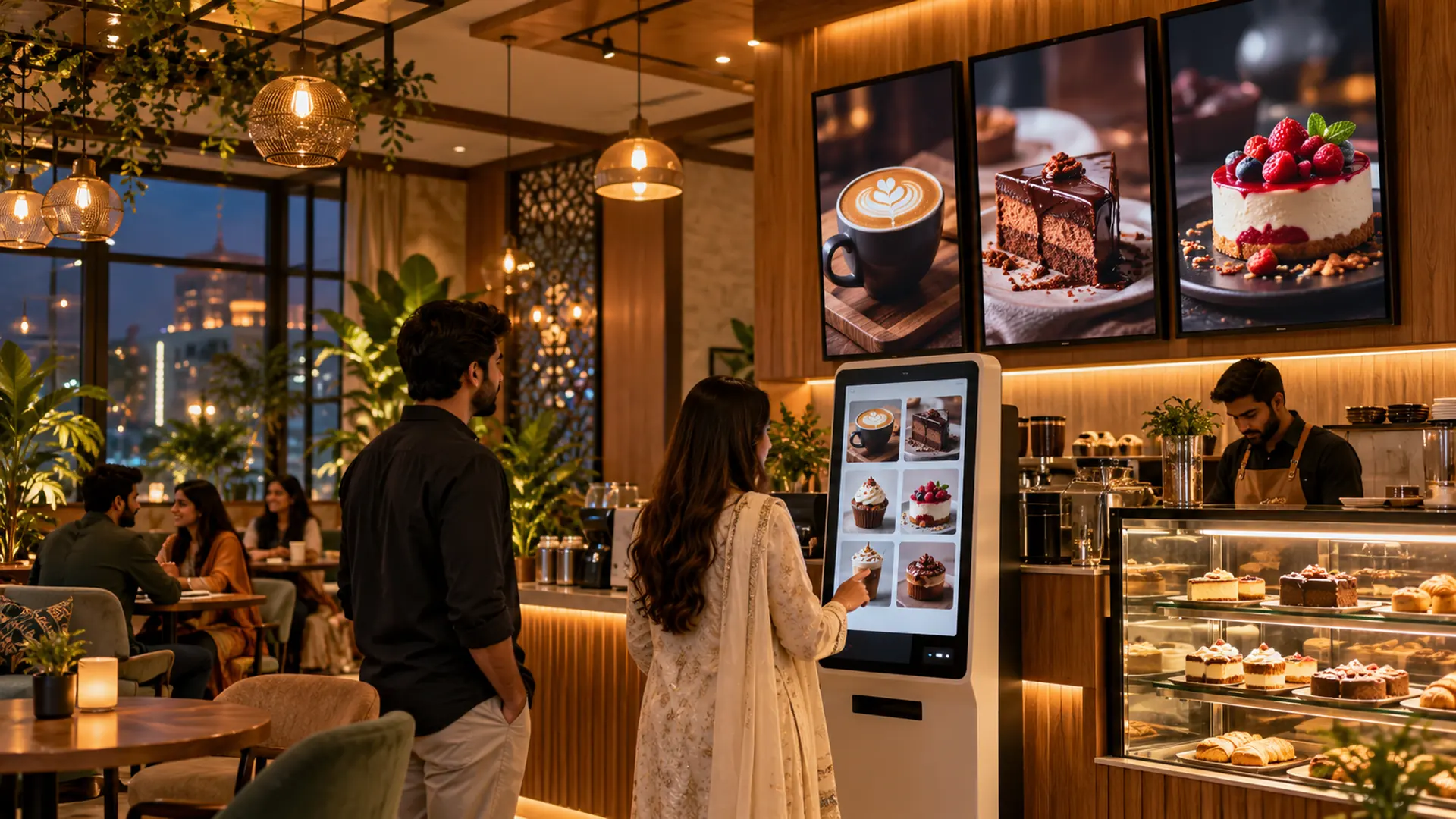 Modern café with digital menu screens and a self-ordering kiosk