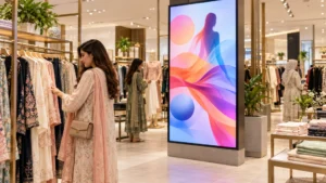 Digital signage screen promoting products inside a retail store