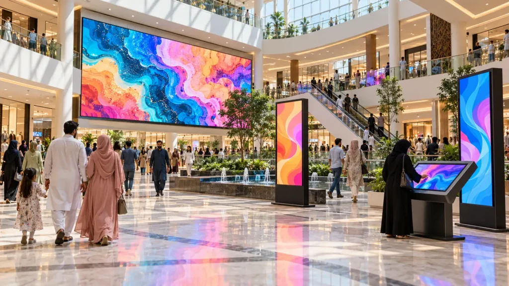 Digital signage screens in a modern Pakistani shopping mall