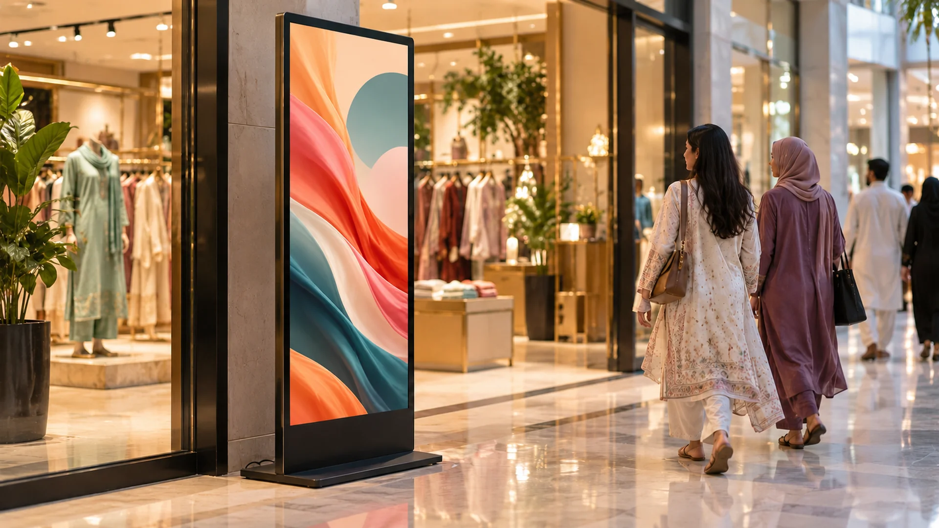 Digital standee display at a store entrance in a shopping mall
