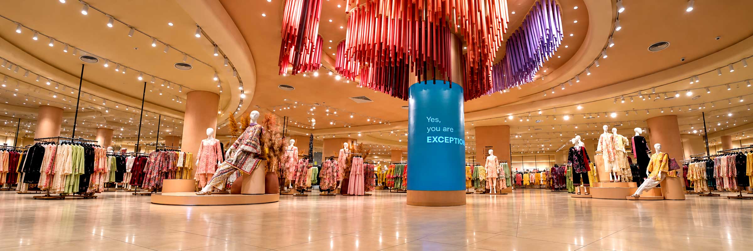 Curved SMD LED column display inside ETHNC at Lucky One Mall, Karachi