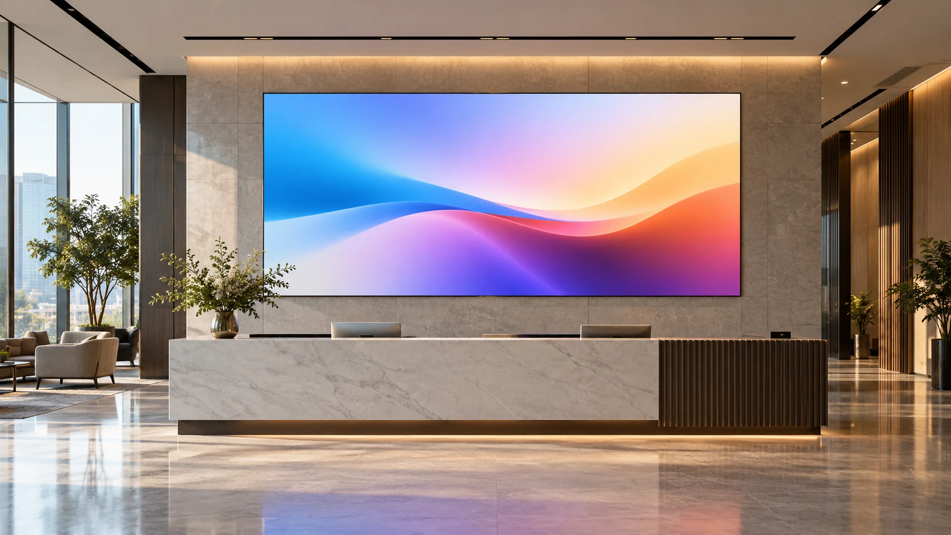 Indoor SMD LED screen on a reception wall showing correct
