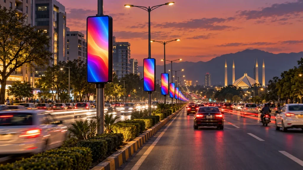 Digital SMD pole streamers on a busy road in Pakistan at dusk