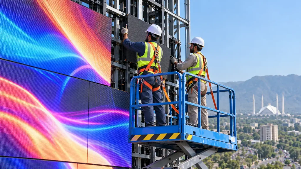 Technicians installing an outdoor SMD LED screen